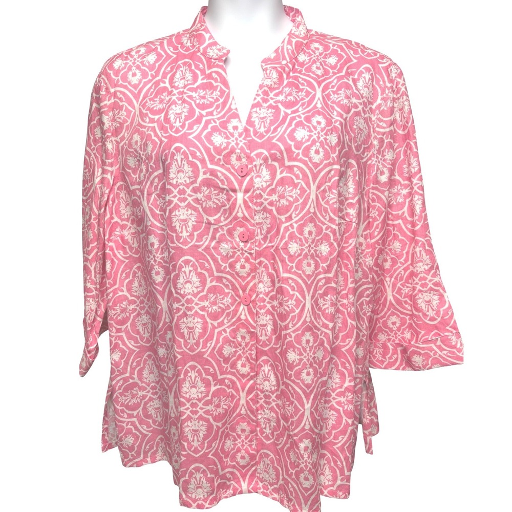 SUSAN BRISTOL Woman Pink 100% Linen Medallion Button Blouse 2X Resort Classic